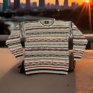 Vintage 3D Knit Sweater Beige Red Blue Coogi Style Cosby Chunky Retro USA Made L